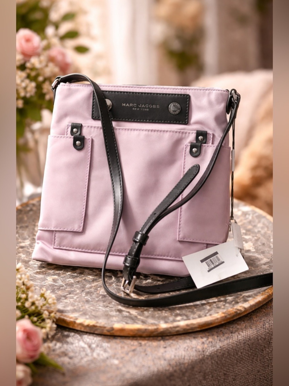 NWT Marc Jacobs Wisteria Lavender Nylon Crossbody Bag • Adjustable Black Strap